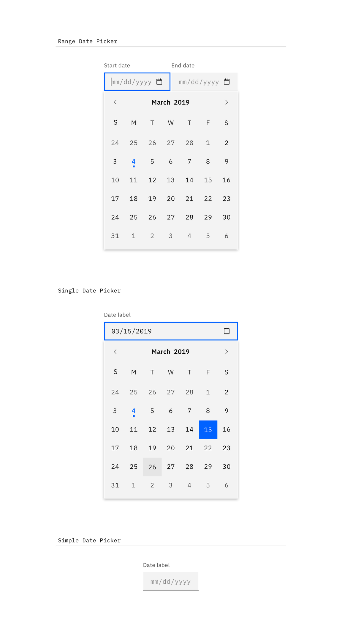 range, single, and simple date pickers
